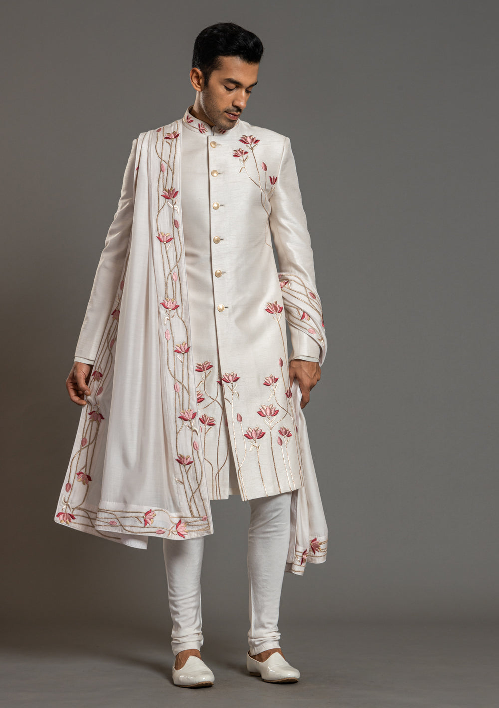 Latest Men Cream Hand Embroidery Designer Indian Floral Sherwani