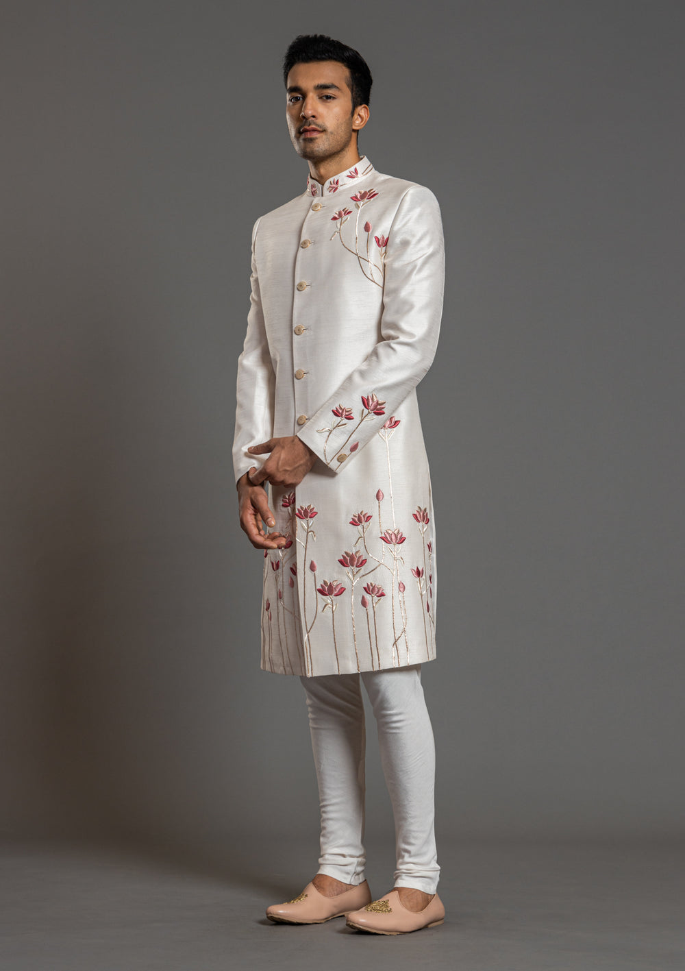 Latest Men Cream Hand Embroidery Designer Indian Floral Sherwani
