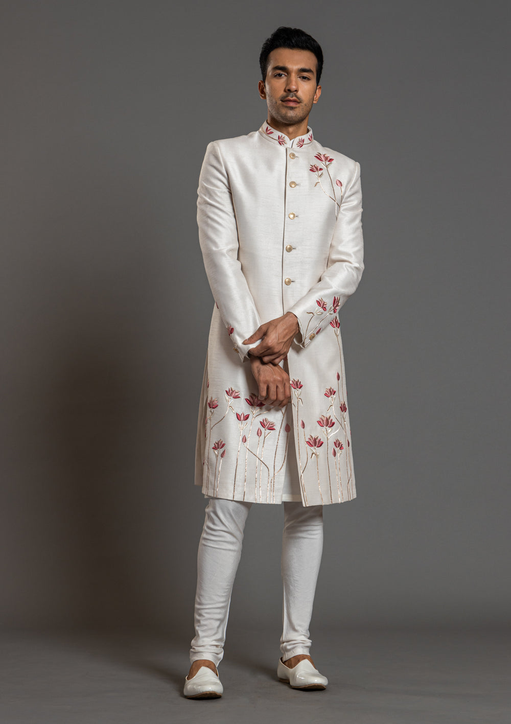 Latest Men Cream Hand Embroidery Designer Indian Floral Sherwani