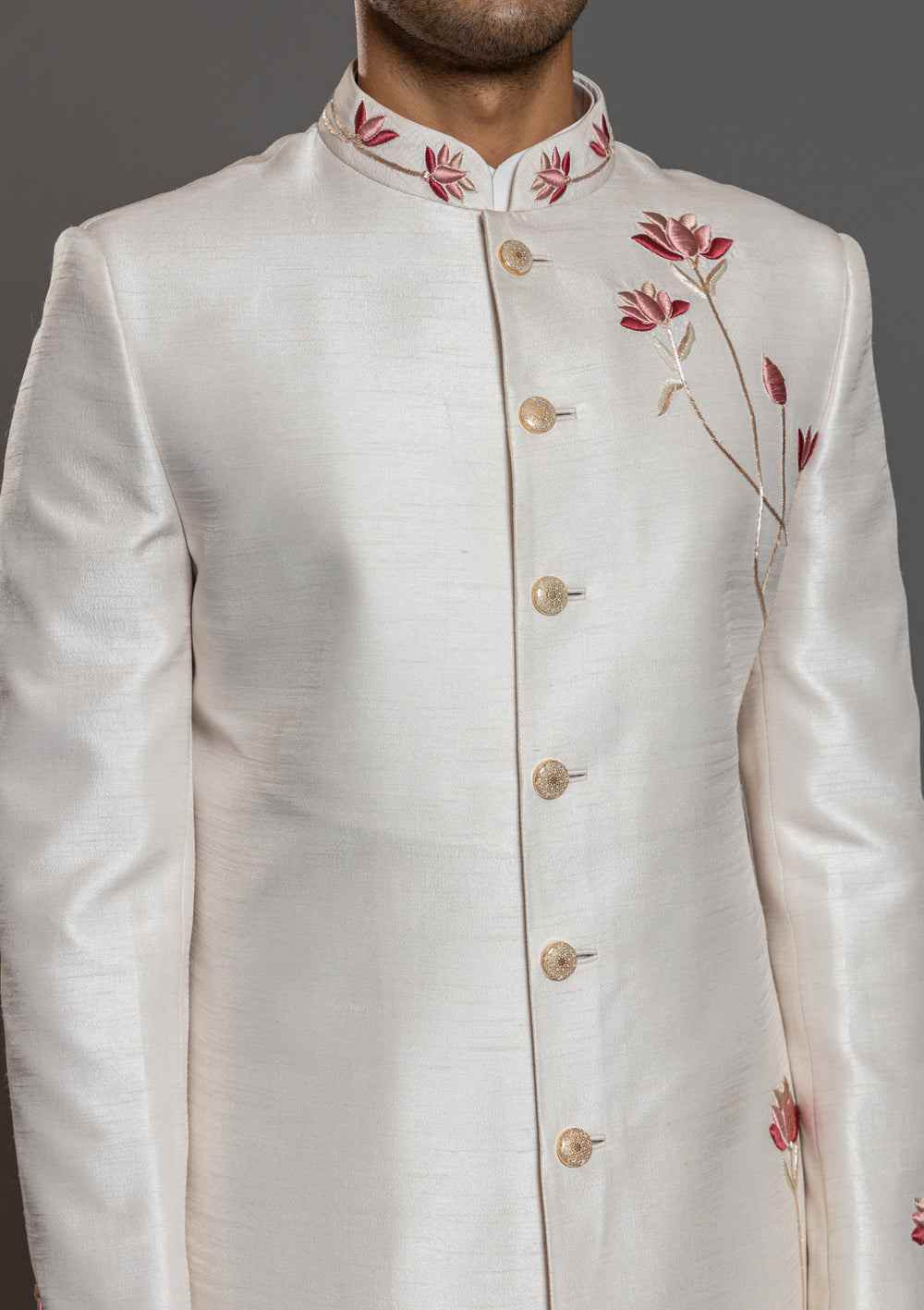 Latest Men Cream Hand Embroidery Designer Indian Floral Sherwani