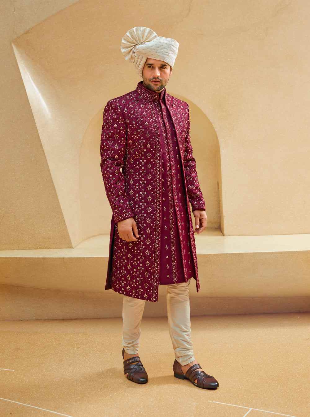 Designer Men Maroon Jacket Style Wedding Sherwani Ethnic World