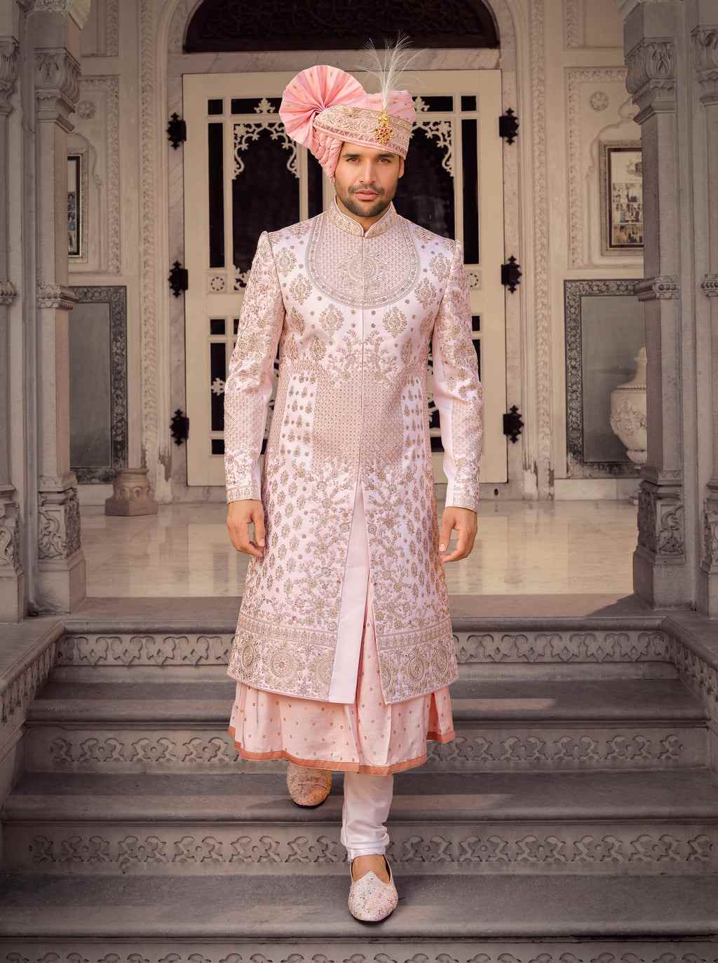 Latest Men Pink Wedding Sherwani With Kurta Chudidaar