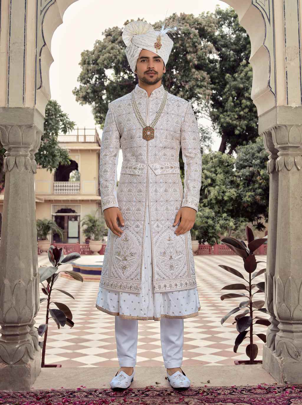 Men White Wedding Groom Sherwani