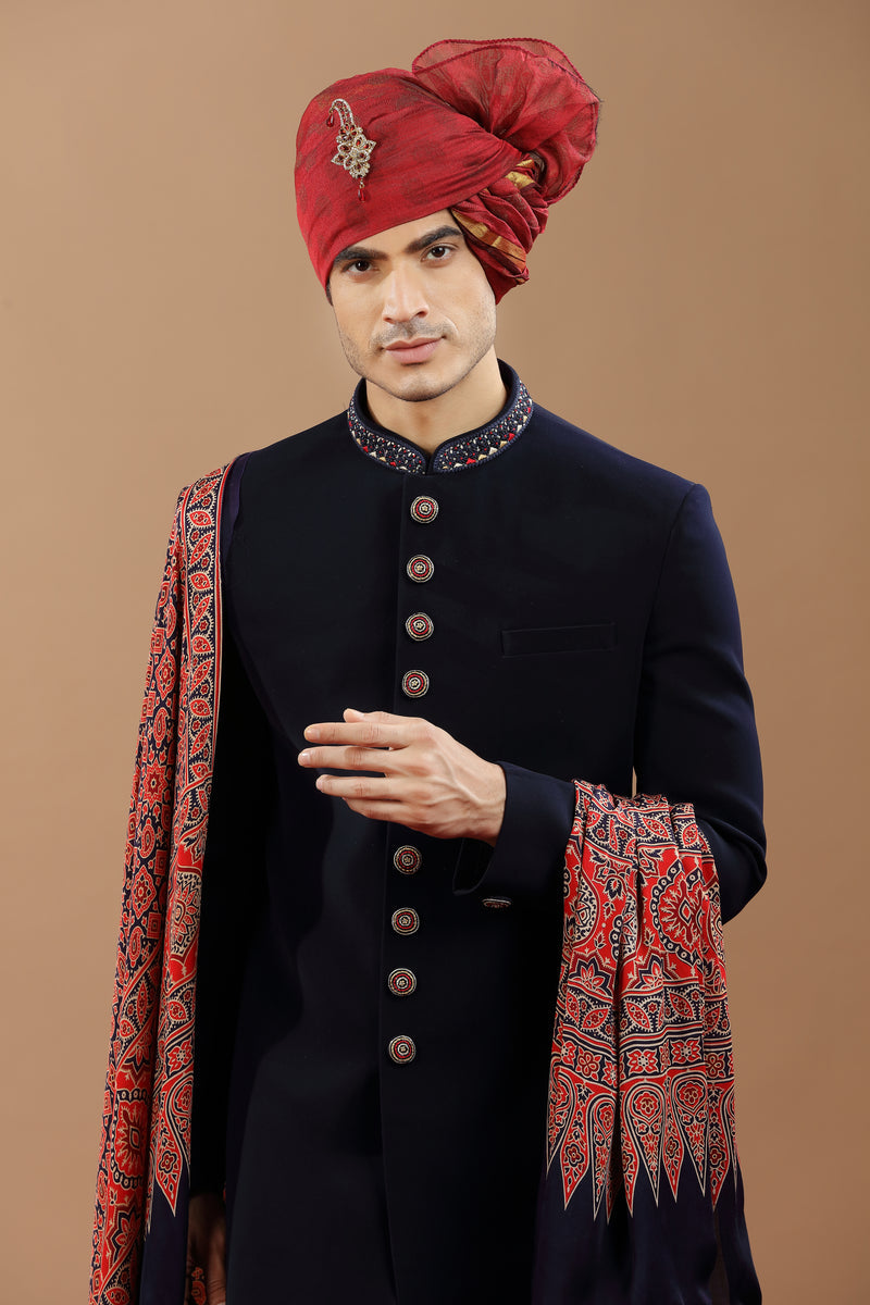 Men Navy Blue Velvet Reception Groom Sherwani
