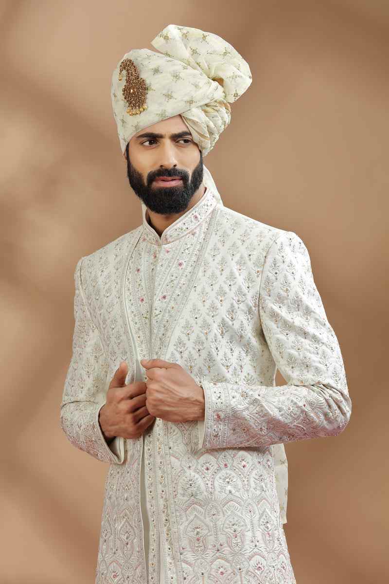 Men Off White Embroidered Wedding Sherwani
