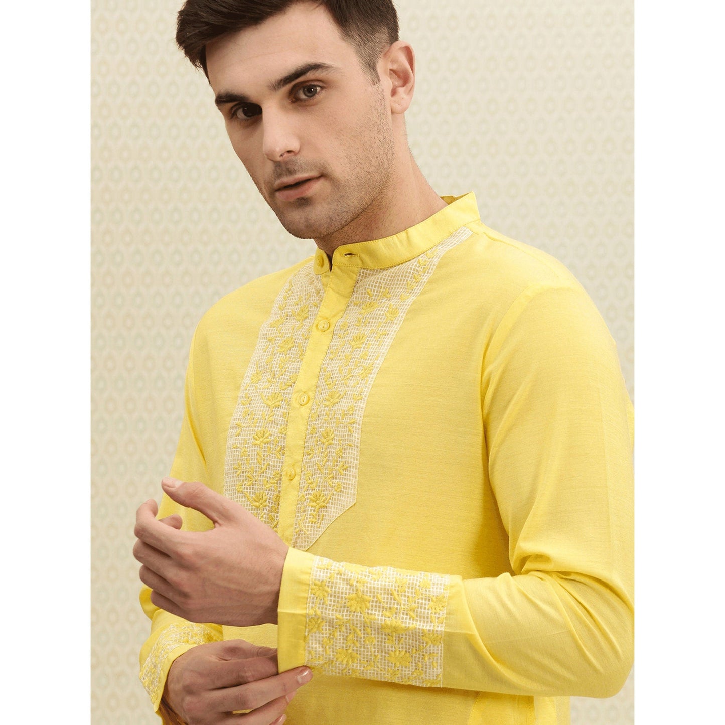 Custom made eid men embroidery kurta pajama set , 100% cotton yellow kurta for men , Men traditional wear , Indian shirt for men