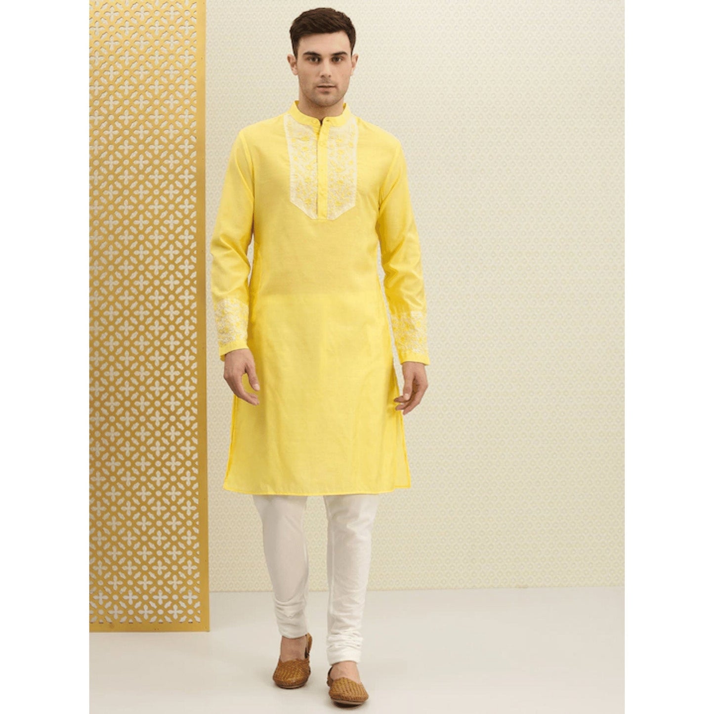 Custom made eid men embroidery kurta pajama set , 100% cotton yellow kurta for men , Men traditional wear , Indian shirt for men