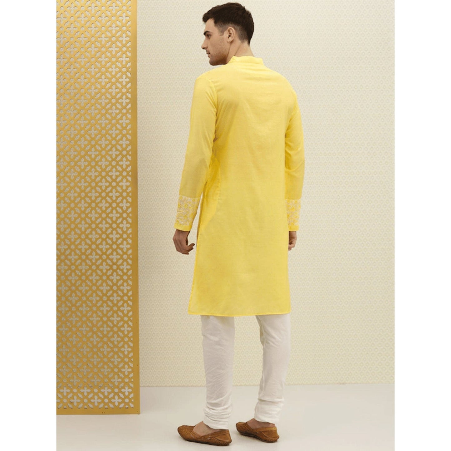Custom made eid men embroidery kurta pajama set , 100% cotton yellow kurta for men , Men traditional wear , Indian shirt for men