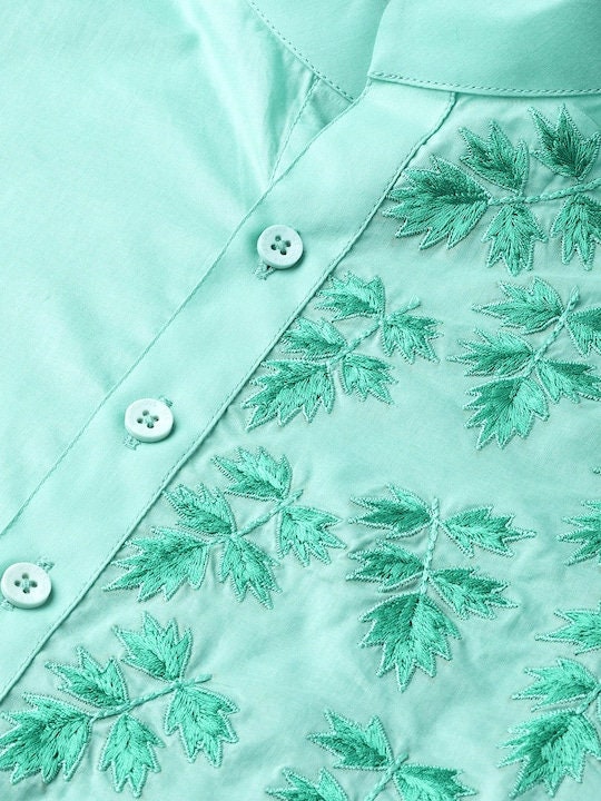 Custom made floral embroidery kurta pajama set , sea green men kurta pajama , eid men wear , indian shirt for men , wedding kurta pajama