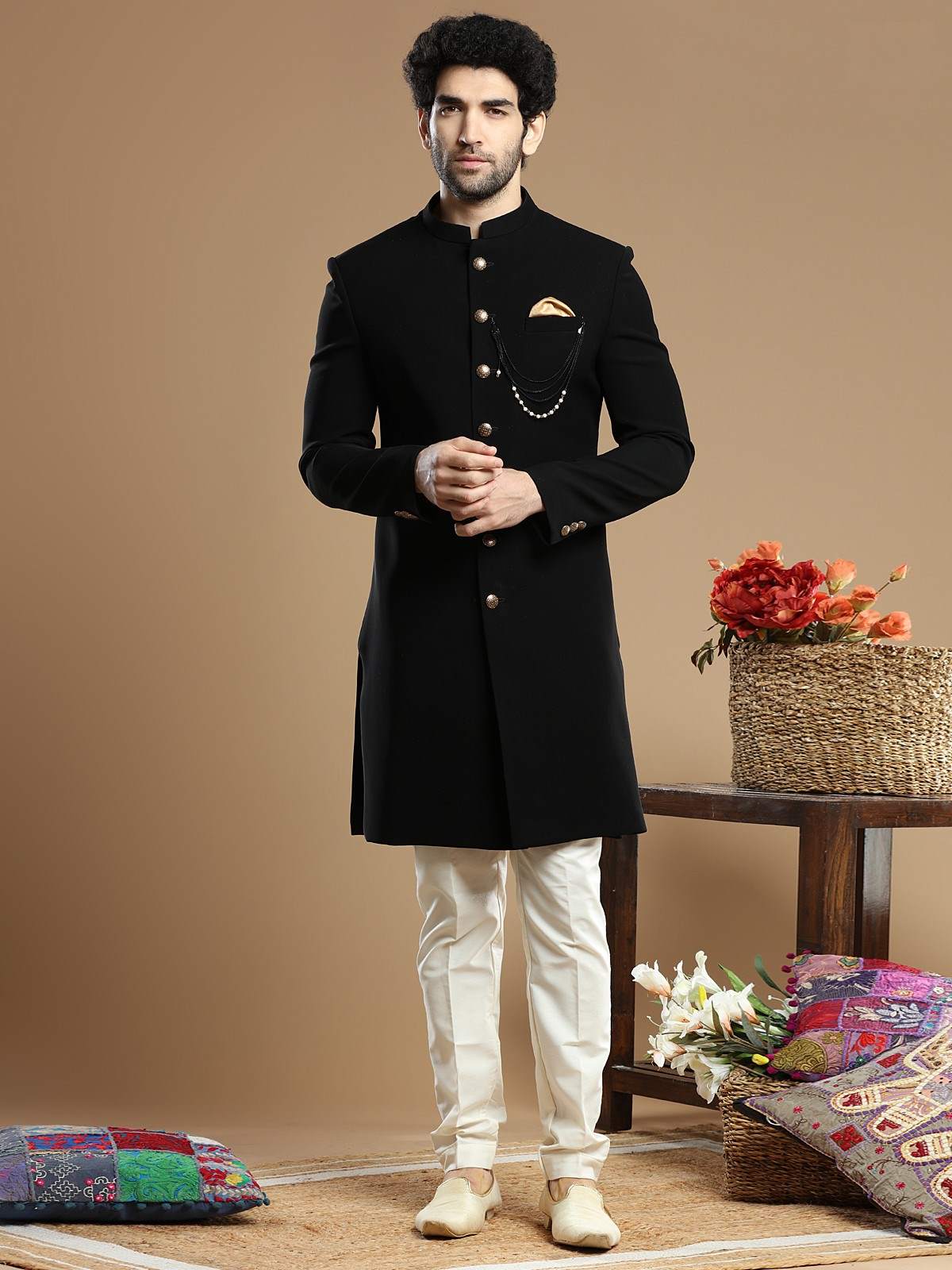 Custom Made Men Black Indowestern Engagement Sherwani - Ethnic World