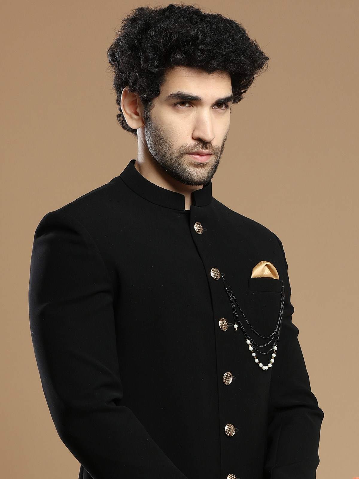 Custom Made Men Black Indowestern Engagement Sherwani - Ethnic World