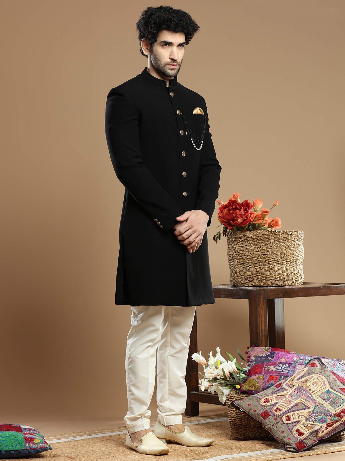 Custom Made Men Black Indowestern Engagement Sherwani - Ethnic World