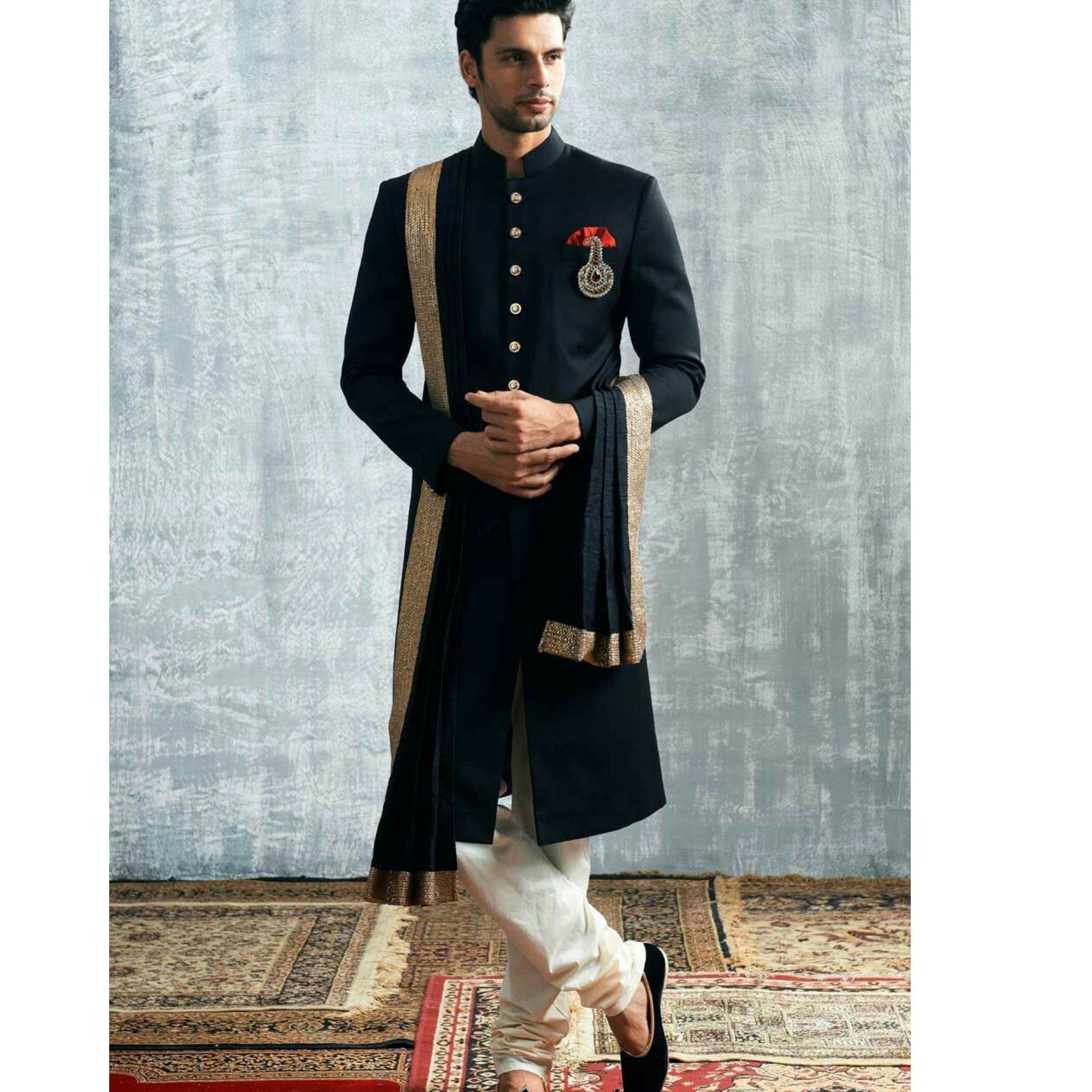 Custom made men nawabi sherwani groom wedding navy blue suit for men Ethnic World