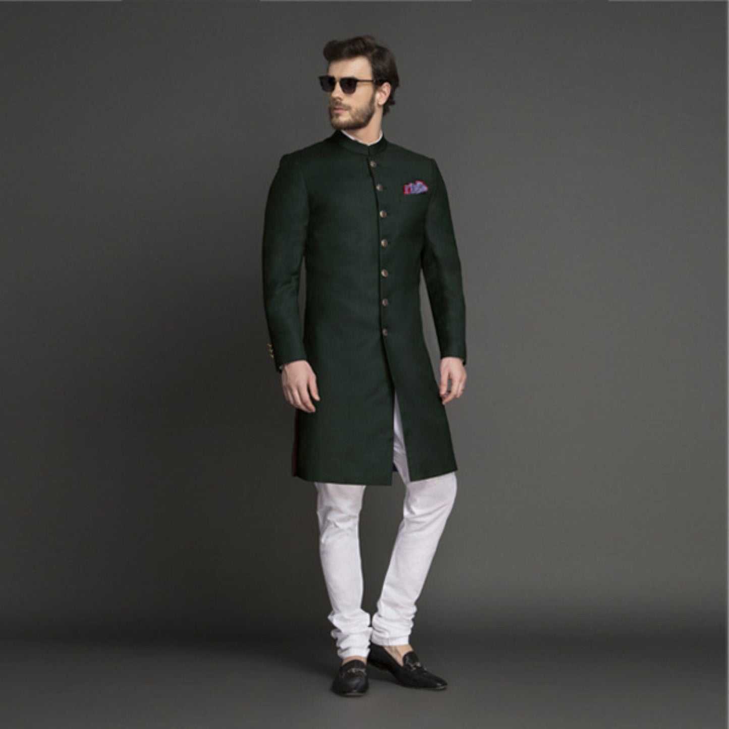 Custom made men wool wedding shewani , Royal sherwani , green indowestern sherwani , Indian wedding suit , Men groom formal suit