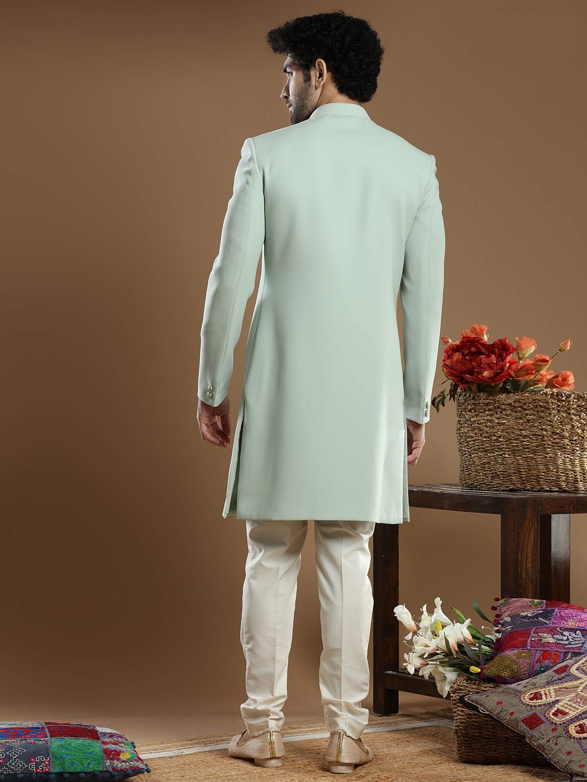 Custom Made Pista Green Indo Western Nawabi Sherwani - Ethnic World