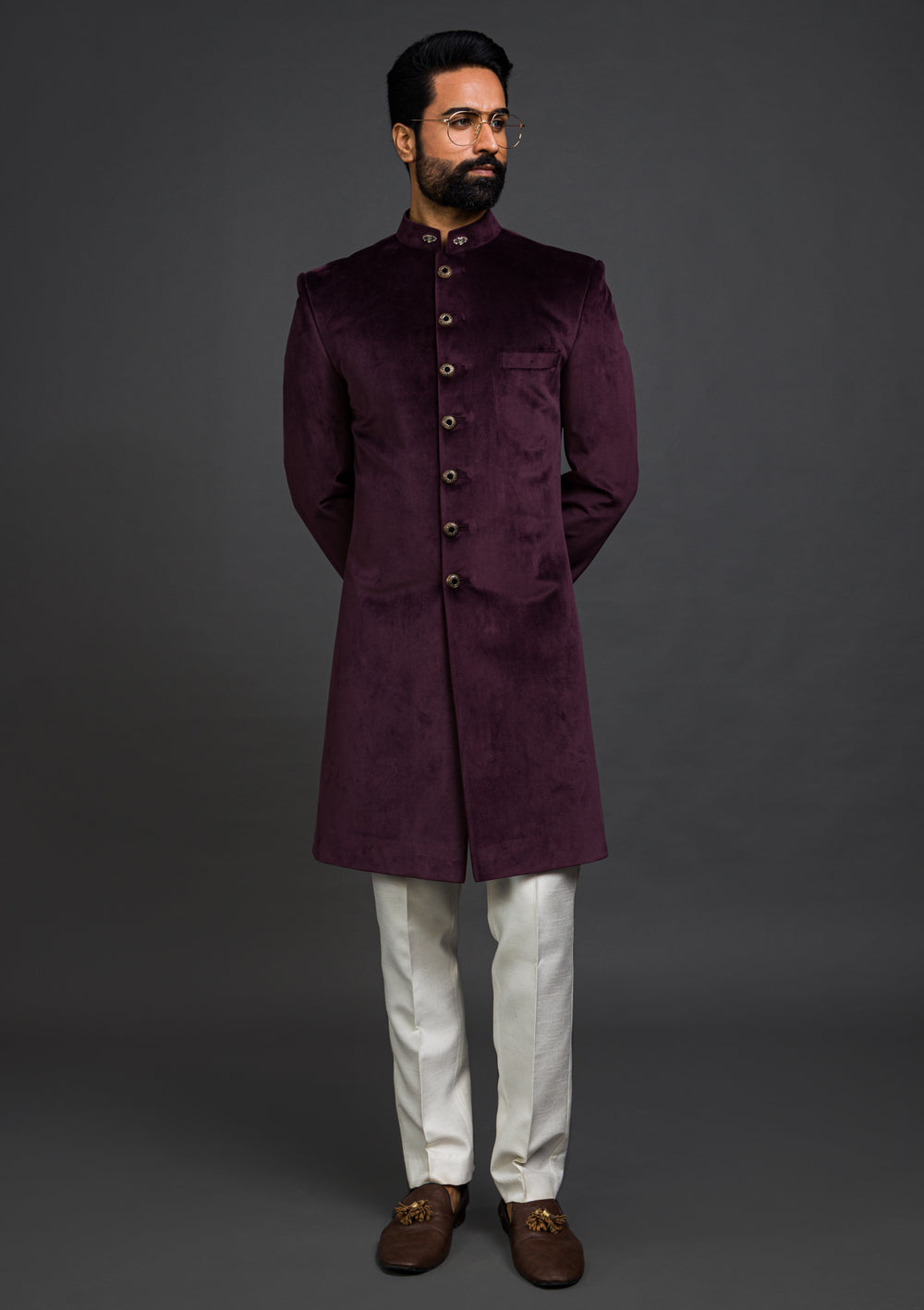 Designer Embroidered Purple Velvet Indo Western Wedding Sherwani - Ethnic World