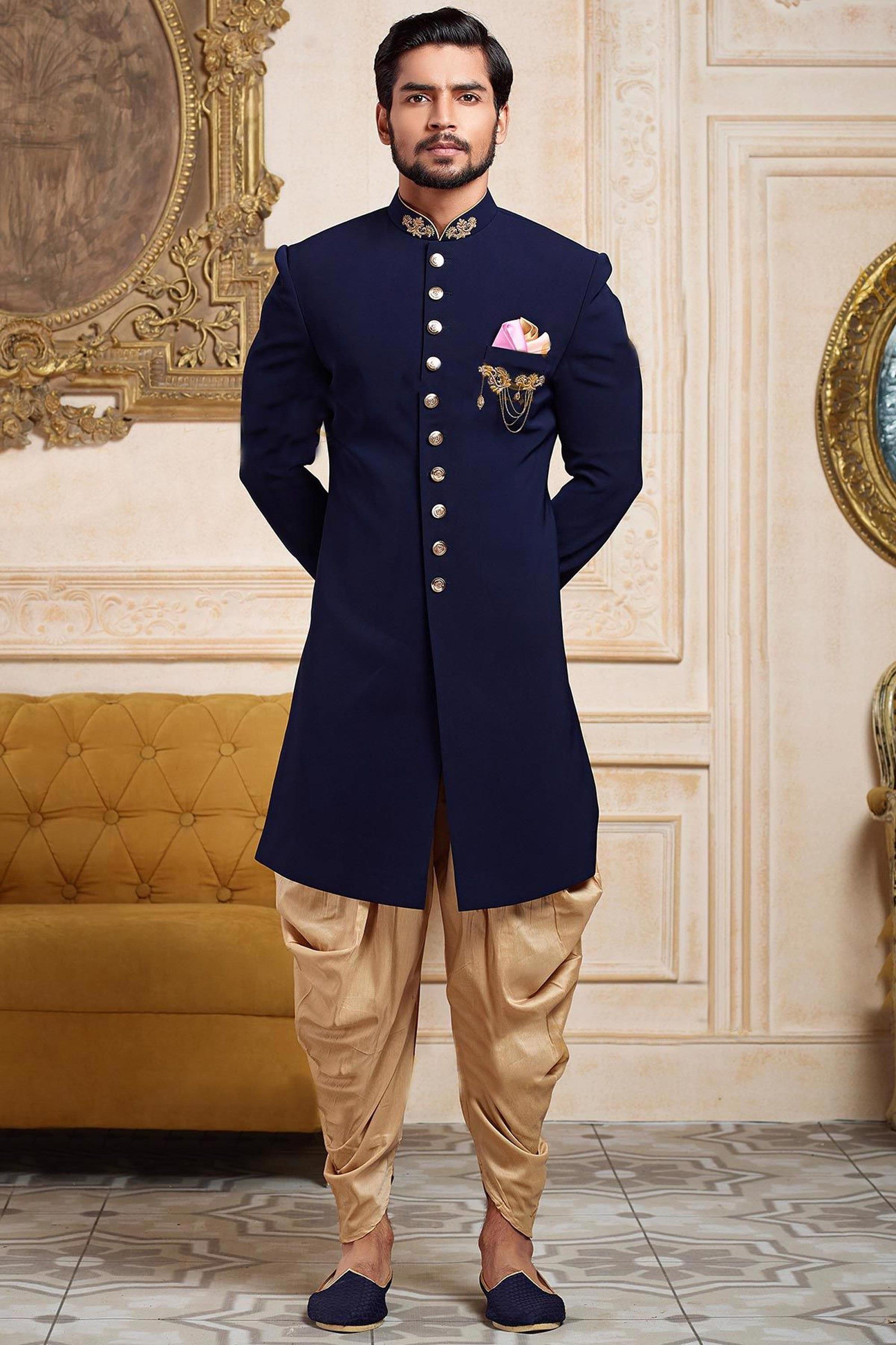 Men Navy Blue Embroidered Indian Wedding Suit Ethnic World Men Navy Blue Embroidered Indian Wedding Suit Ethnic World