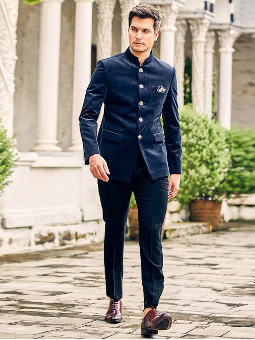 Navy Blue Sweade Wedding Jodhpuri Suit Bandhgala