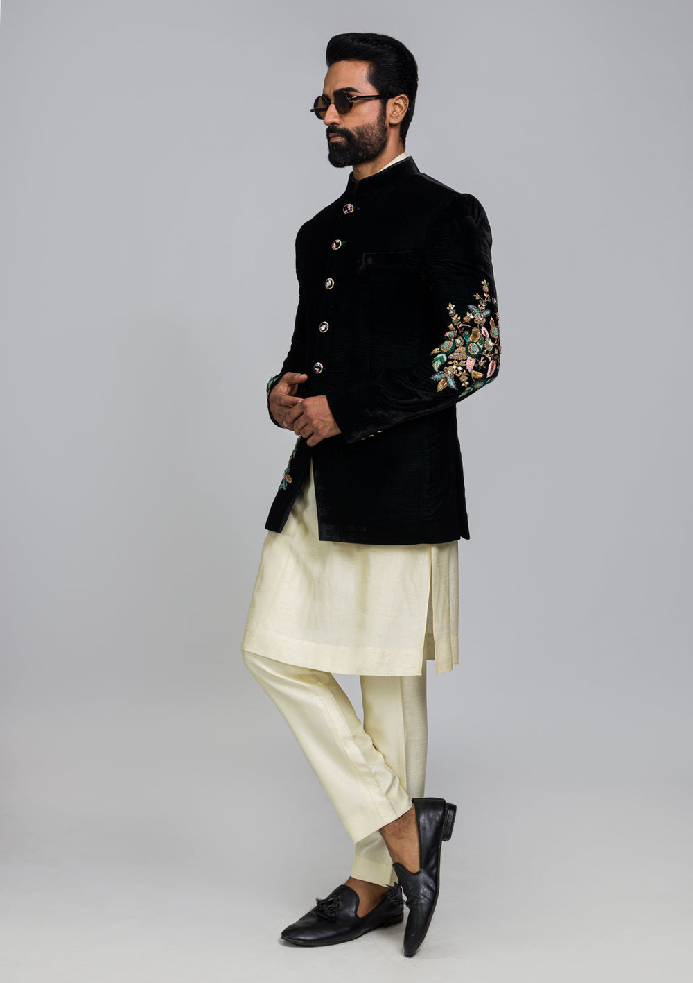 Black Velvet Designer Embroidered Royal Jodhpuri Suit Bandhgala