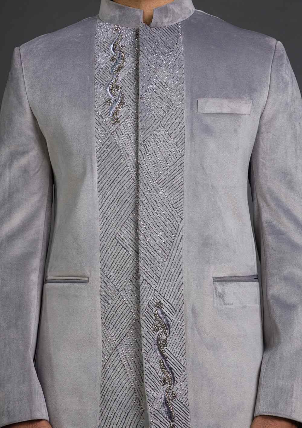Designer Embroidered Royal Grey Jodhpuri Suit Bandhgala