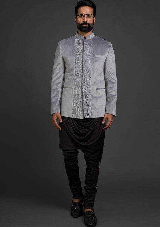 Designer Embroidered Royal Grey Jodhpuri Suit Bandhgala