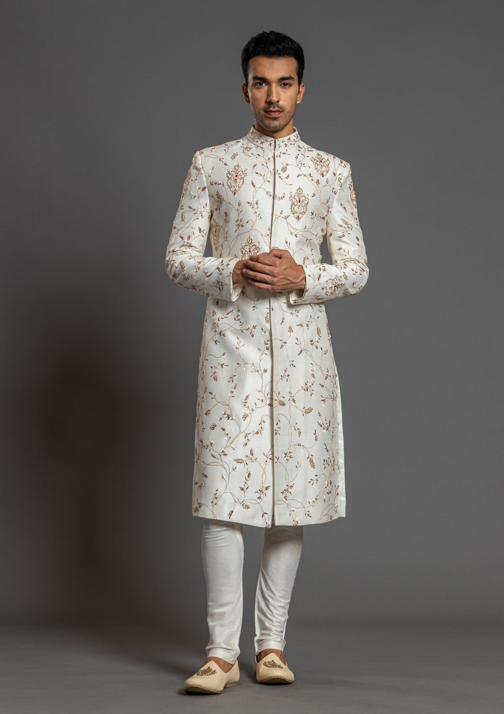Latest Men Ivory Floral Embroidery Groom Sherwani