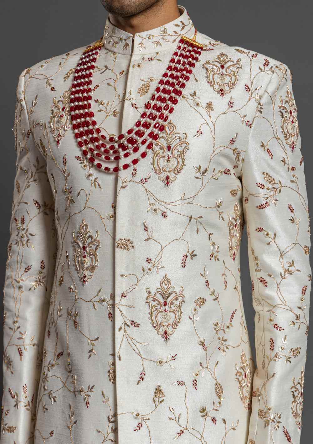 Latest Men Ivory Floral Embroidery Groom Sherwani
