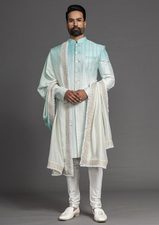 Men Sea Green and White Sea Green Style Wedding  Sherwani