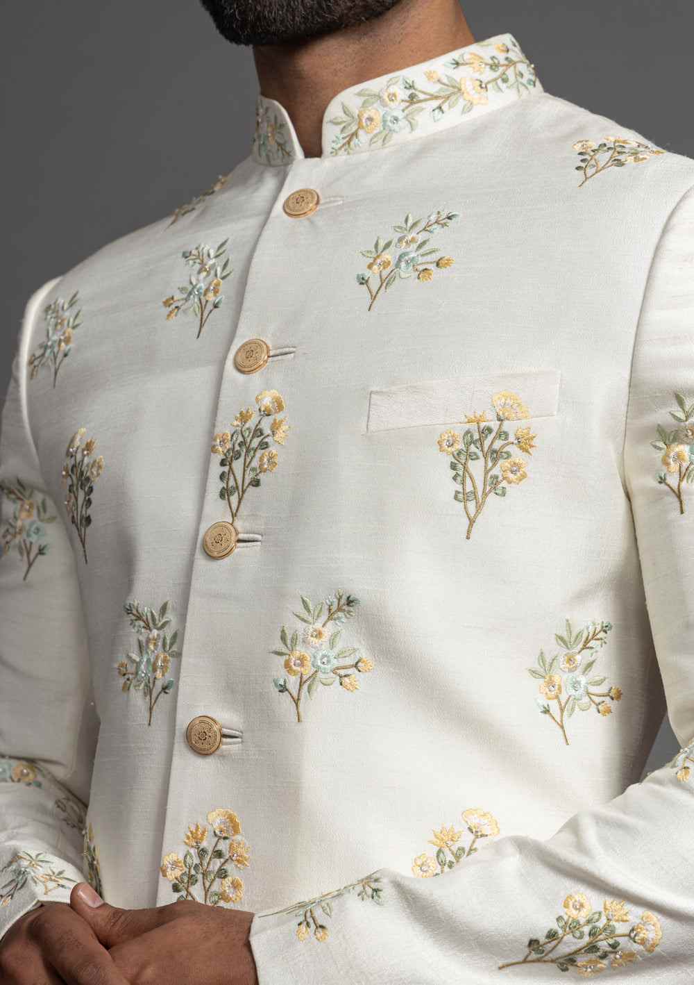 Custom Made Men Ivory Floral Embroidery Groom Sherwani