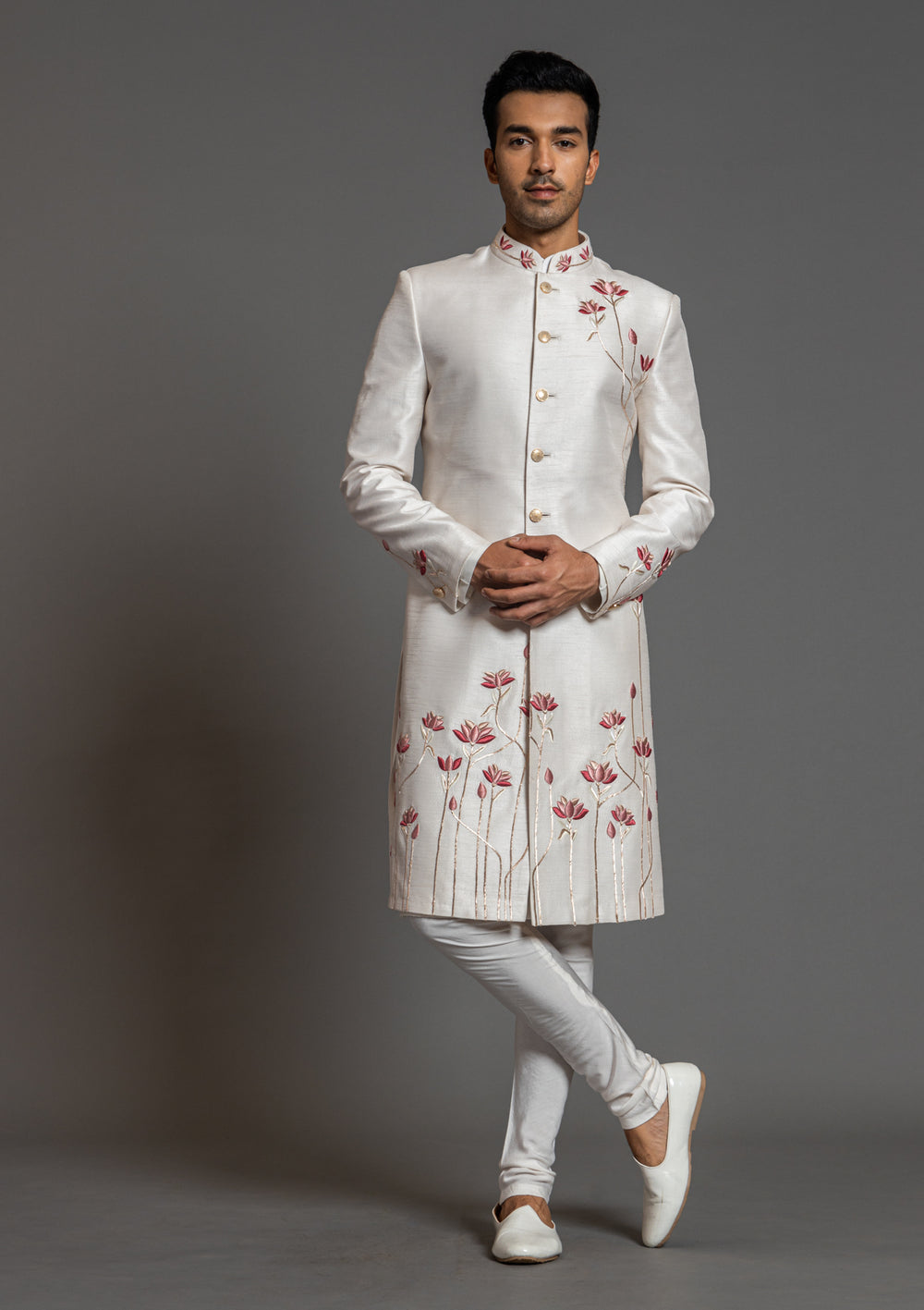 Latest Men Cream Hand Embroidery Designer Indian Floral Sherwani
