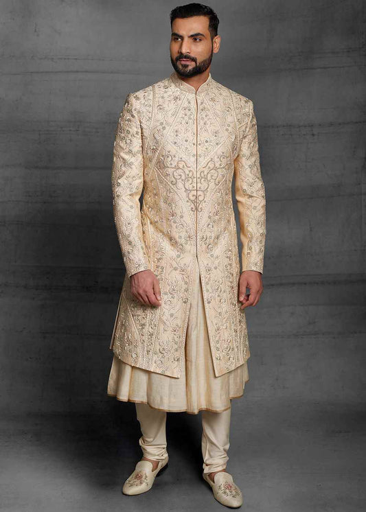 Designer Ivory Wedding Indian Sherwani With Kurta Chudidaar