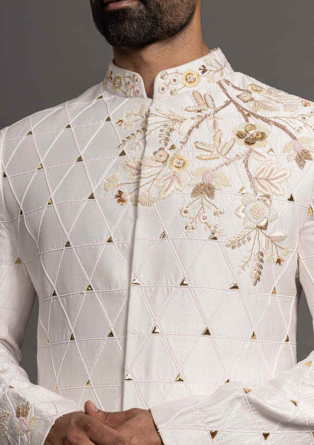 Men Ivory Hand Embroidery Designer Indian Floral Sherwani