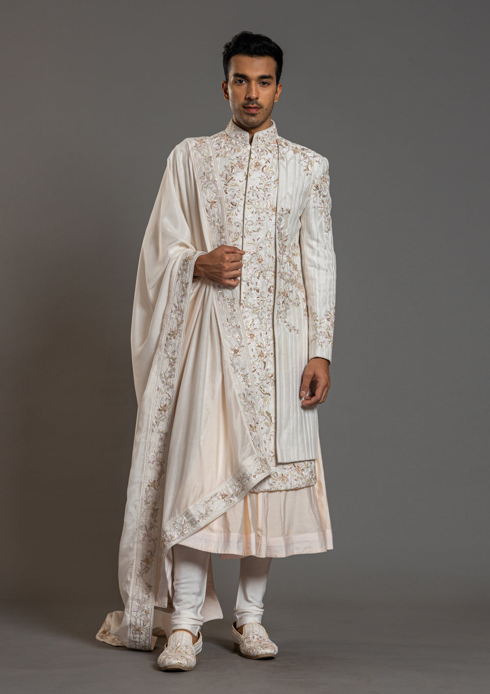 Men Ivory Hand Embroidery Jacket Style Floral Sherwani