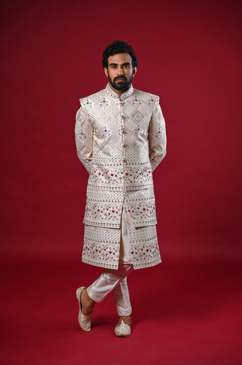 Men Off White Heavy Jacket Style Embroidery Sherwani