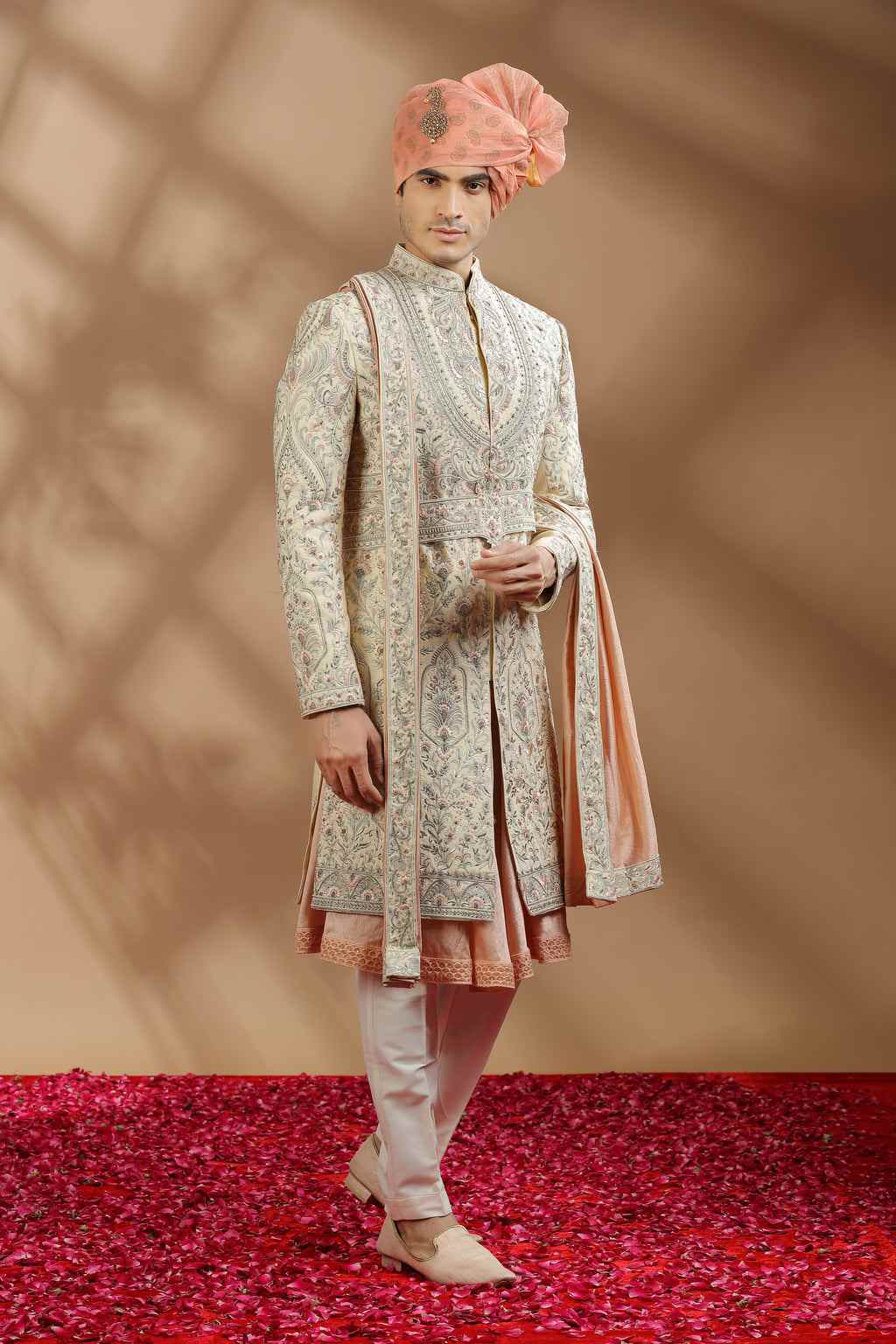 Men Light Golden Heavy Jacket Style Embroidery Sherwani