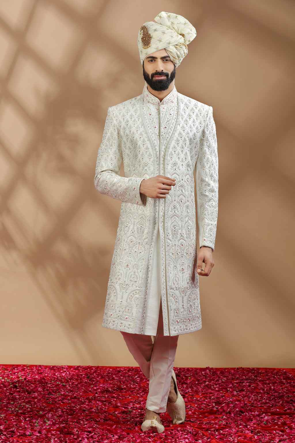 Men Off White Embroidered Wedding Sherwani