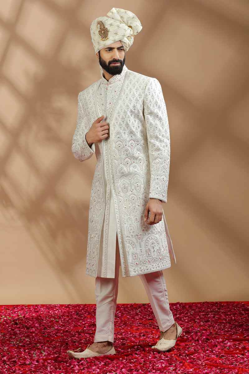 Men Off White Embroidered Wedding Sherwani
