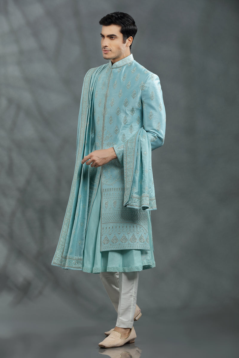 Men Sea Blue Embroidered Wedding Silk Sherwani