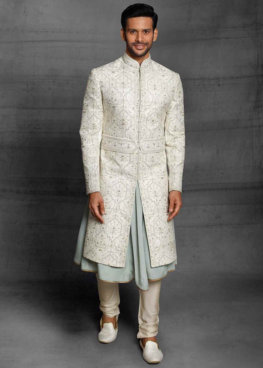 Designer White Wedding Indiani Sherwani With Kurta Chudidaar