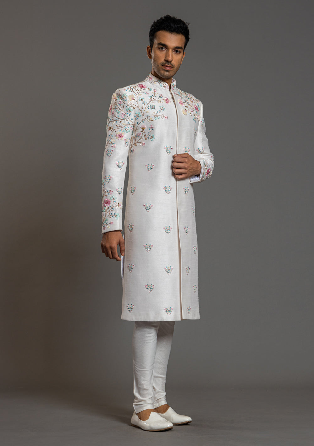 Men White Embroidered Floral Wedding Sherwani
