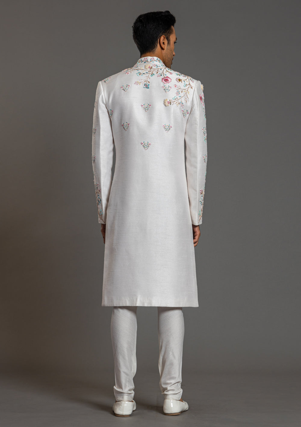 Men White Embroidered Floral Wedding Sherwani