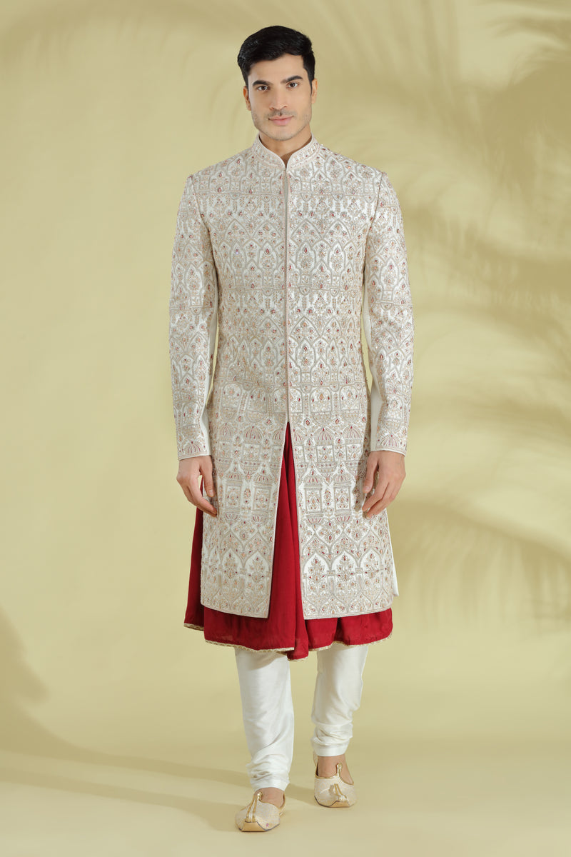 Custom Made Designer White Embroidered Wedding Silk Sherwani