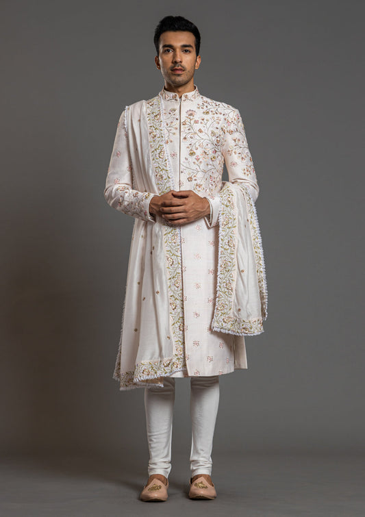 Men Off White Embroidered Floral Wedding Sherwani