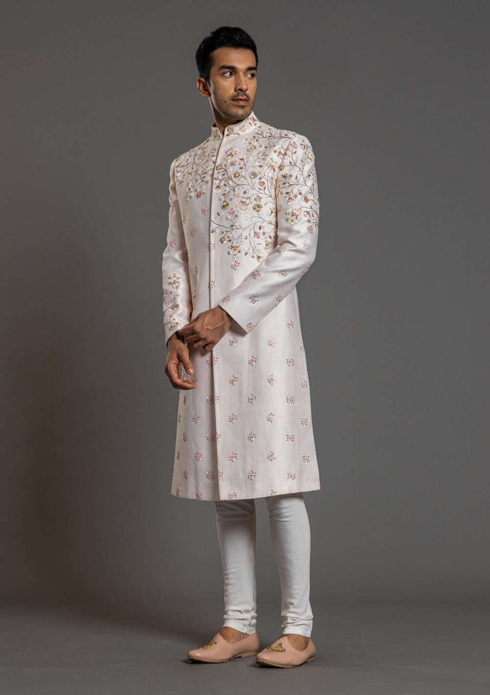 Men Off White Embroidered Floral Wedding Sherwani