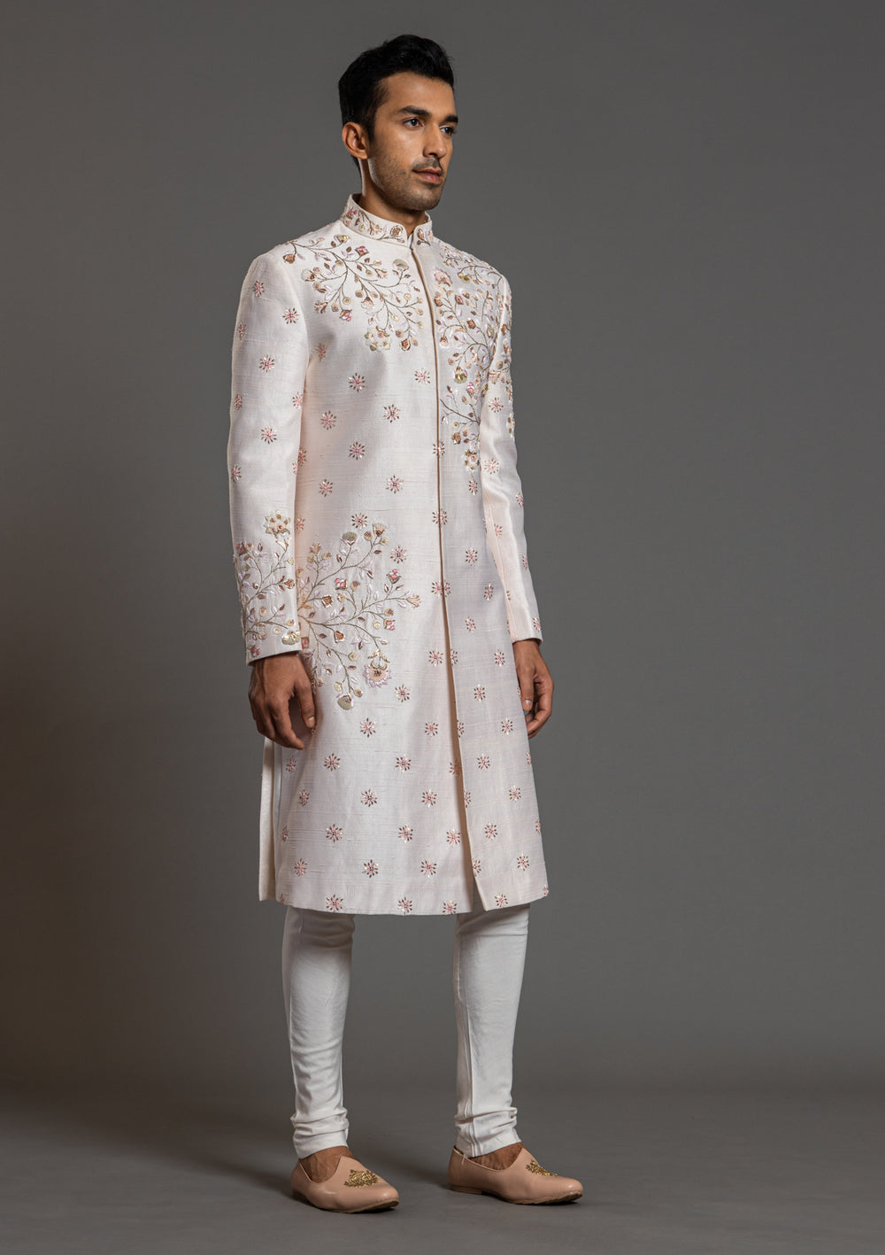 Men Off White Embroidered Floral Wedding Sherwani