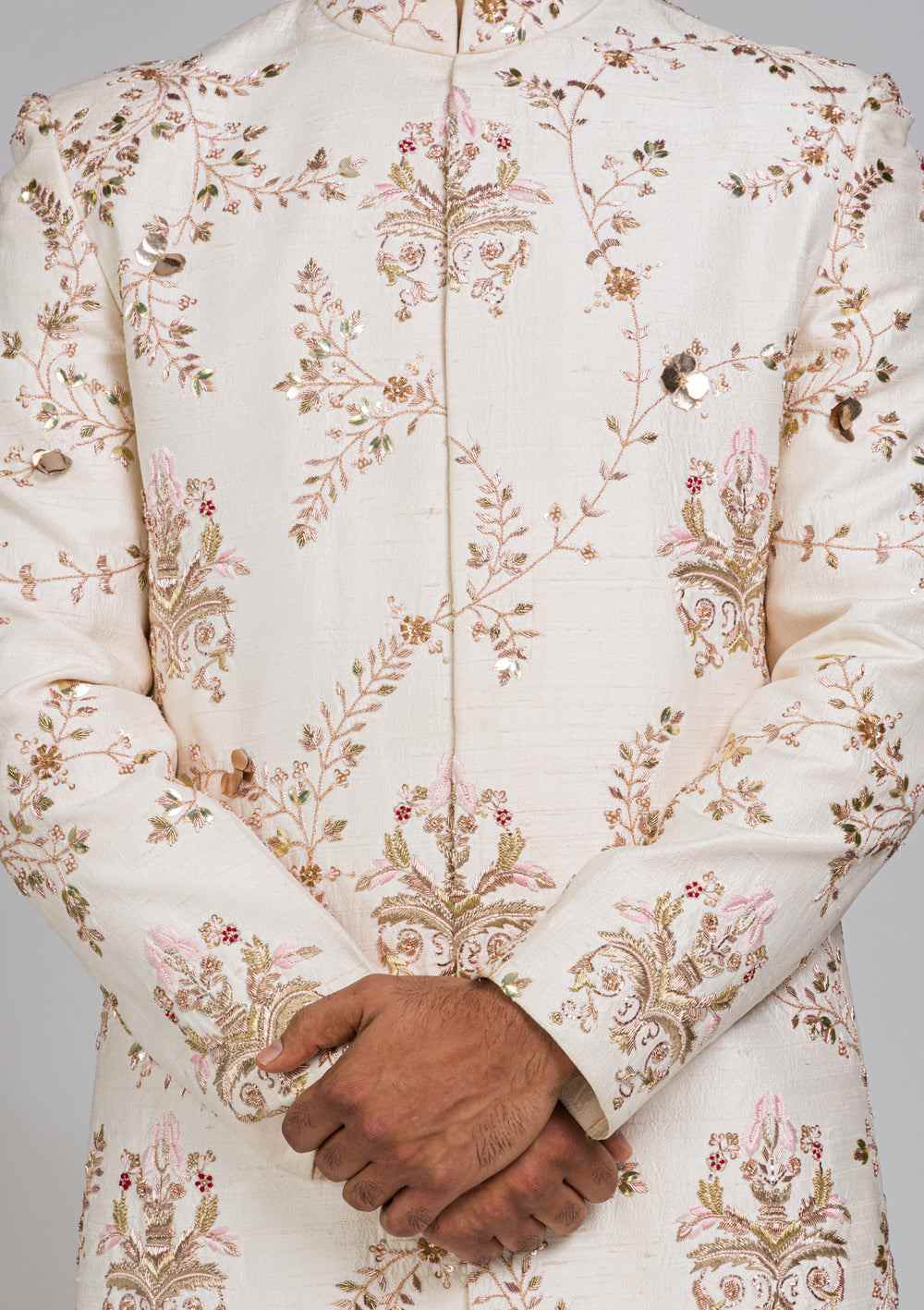 Men Off White Embroidered Floral Pakistani Sherwani