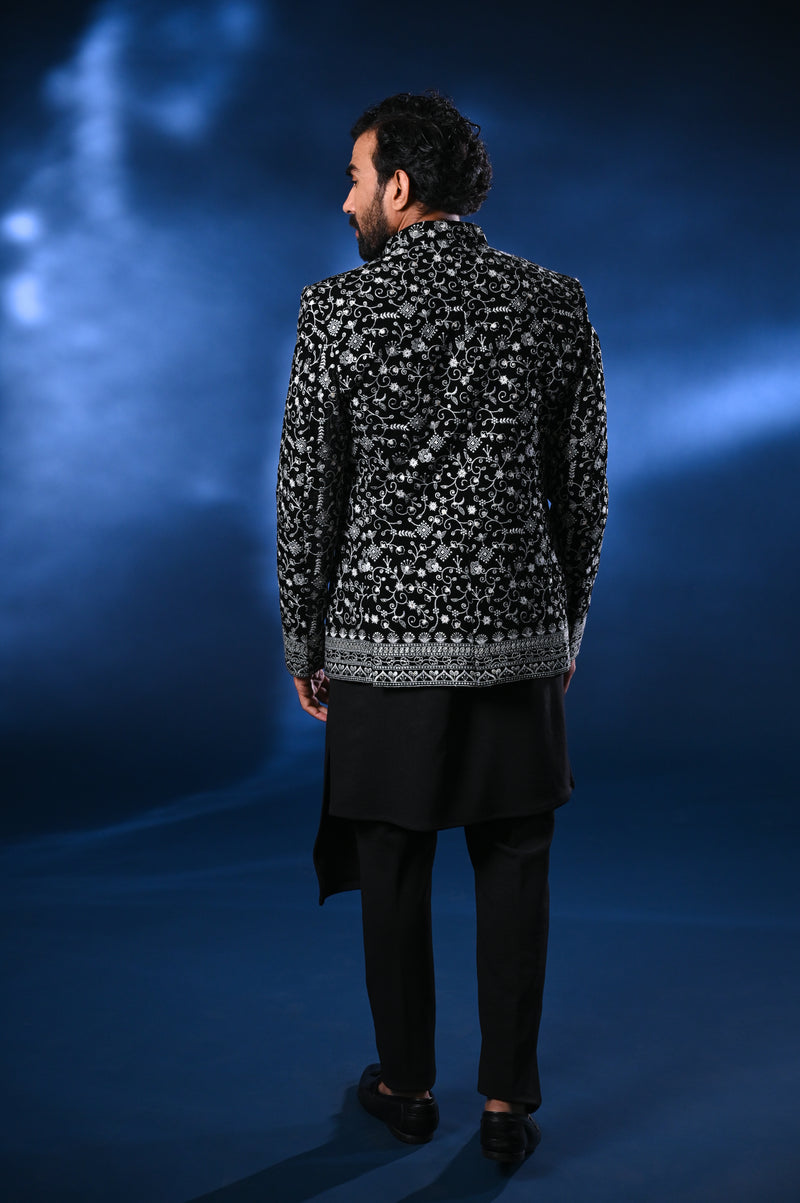 Custom Made Black Jackquard Royal Jodhpuri Suit Bandhgala For Groom