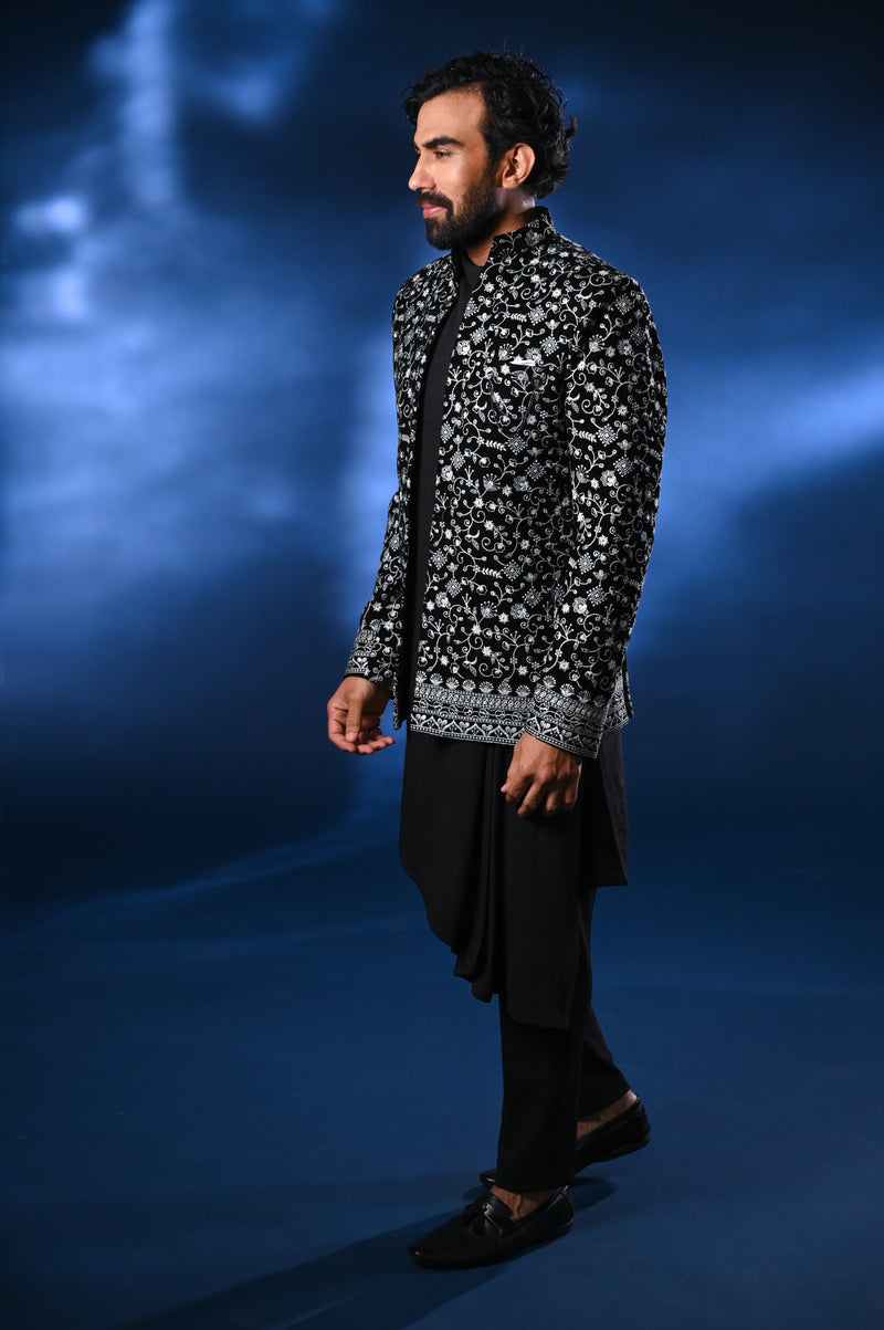 Custom Made Black Jackquard Royal Jodhpuri Suit Bandhgala For Groom