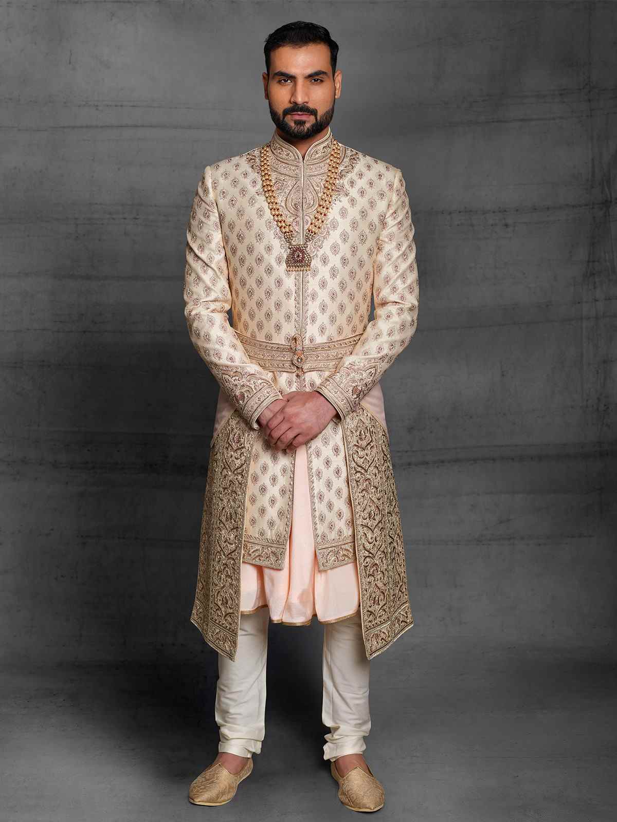Bespoke Designer Beige Heavy Embroidered Wedding Sherwani