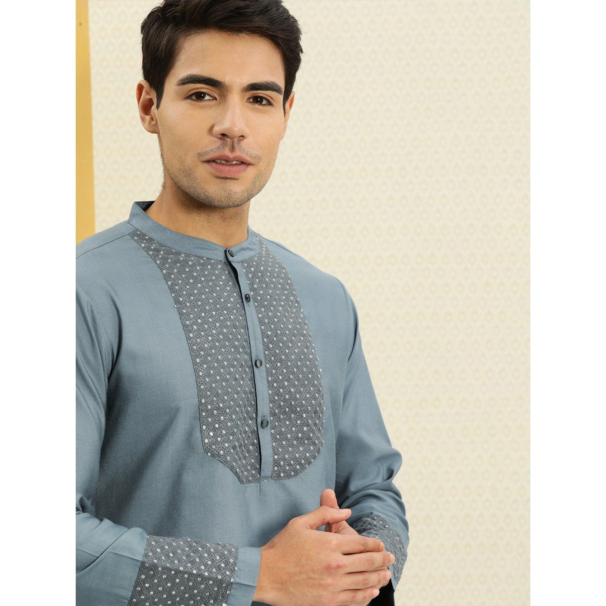 Custom made eid men embroidery kurta  pajama set , 100% cotton blue kurta for men ,  Men traditional wear , Indian shirt for men